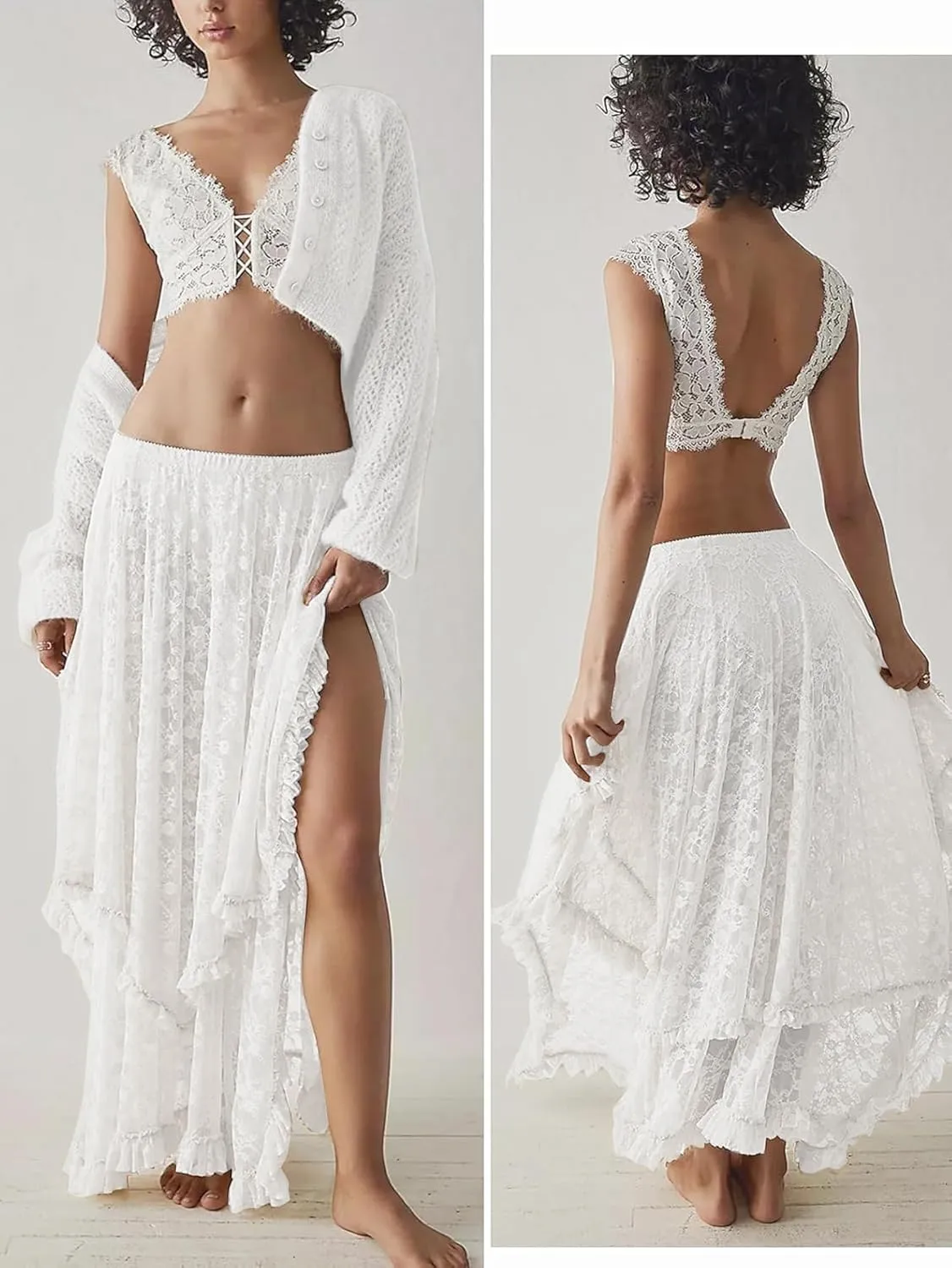 YKR Womens Lace Long Skirts Elastic Asymmetrical Layered Hem Sexy See-Through Flowy Skirts Floral Beach Maxi Skirt