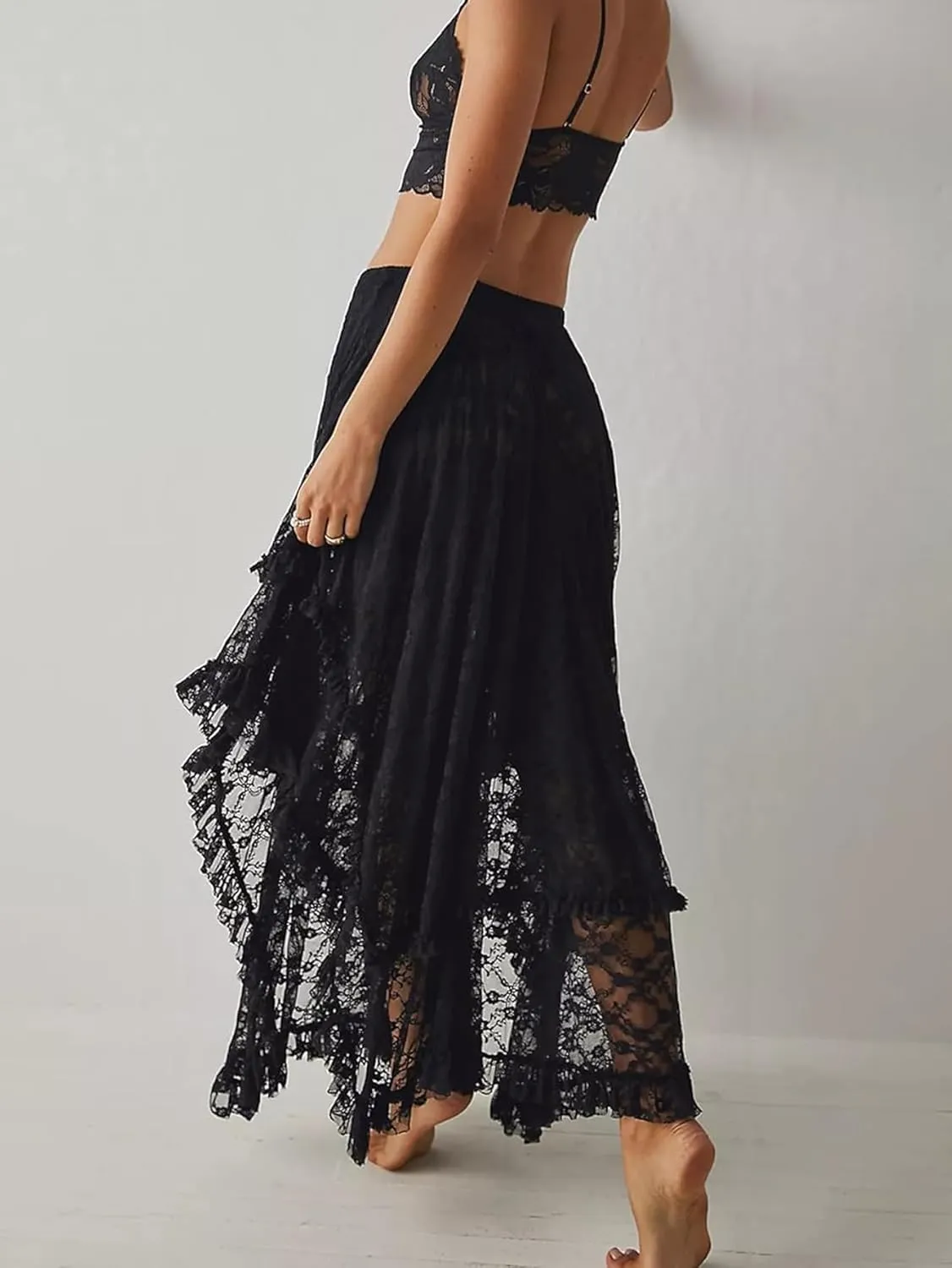 YKR Womens Lace Long Skirts Elastic Asymmetrical Layered Hem Sexy See-Through Flowy Skirts Floral Beach Maxi Skirt
