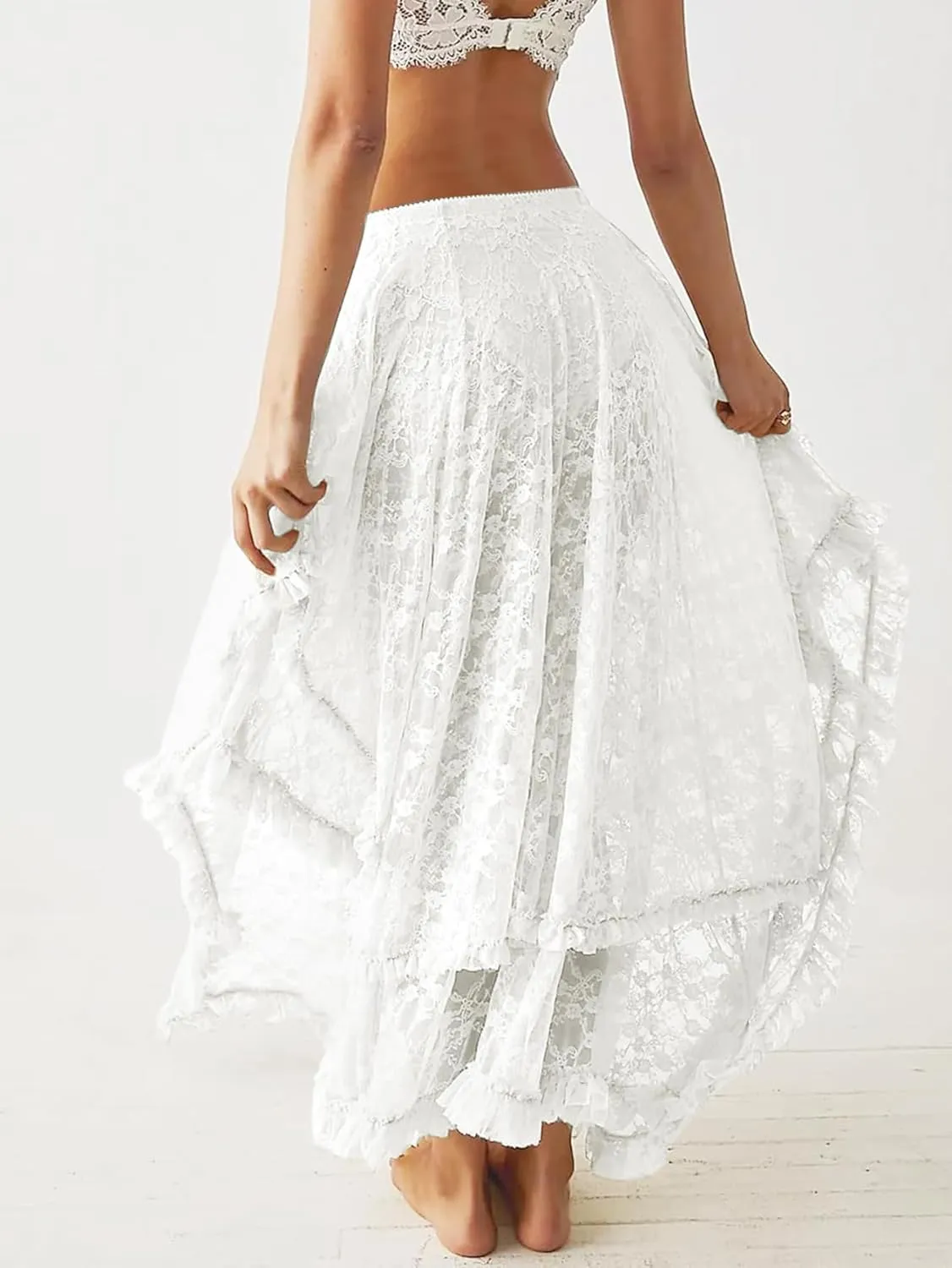 YKR Womens Lace Long Skirts Elastic Asymmetrical Layered Hem Sexy See-Through Flowy Skirts Floral Beach Maxi Skirt