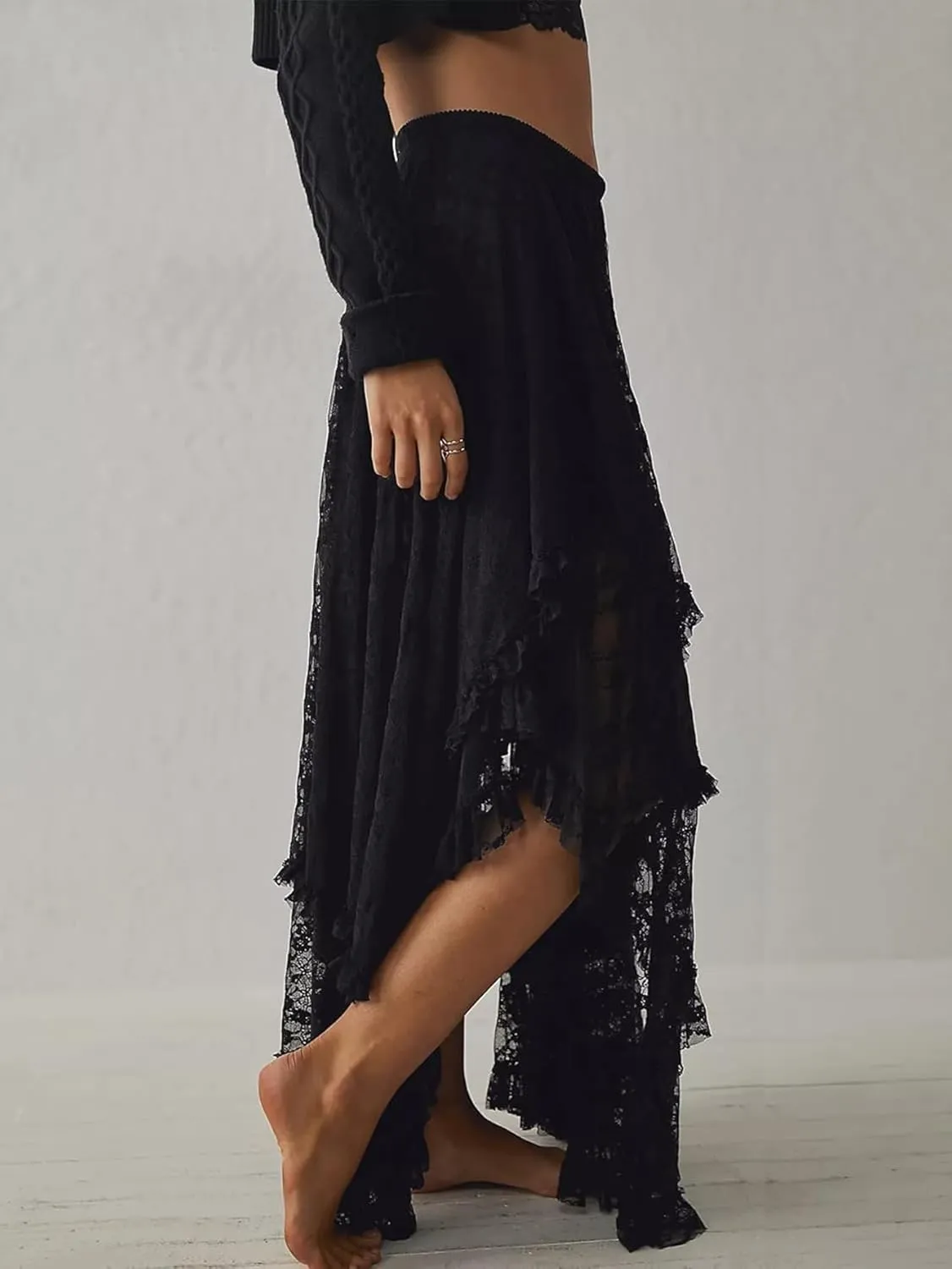 YKR Womens Lace Long Skirts Elastic Asymmetrical Layered Hem Sexy See-Through Flowy Skirts Floral Beach Maxi Skirt