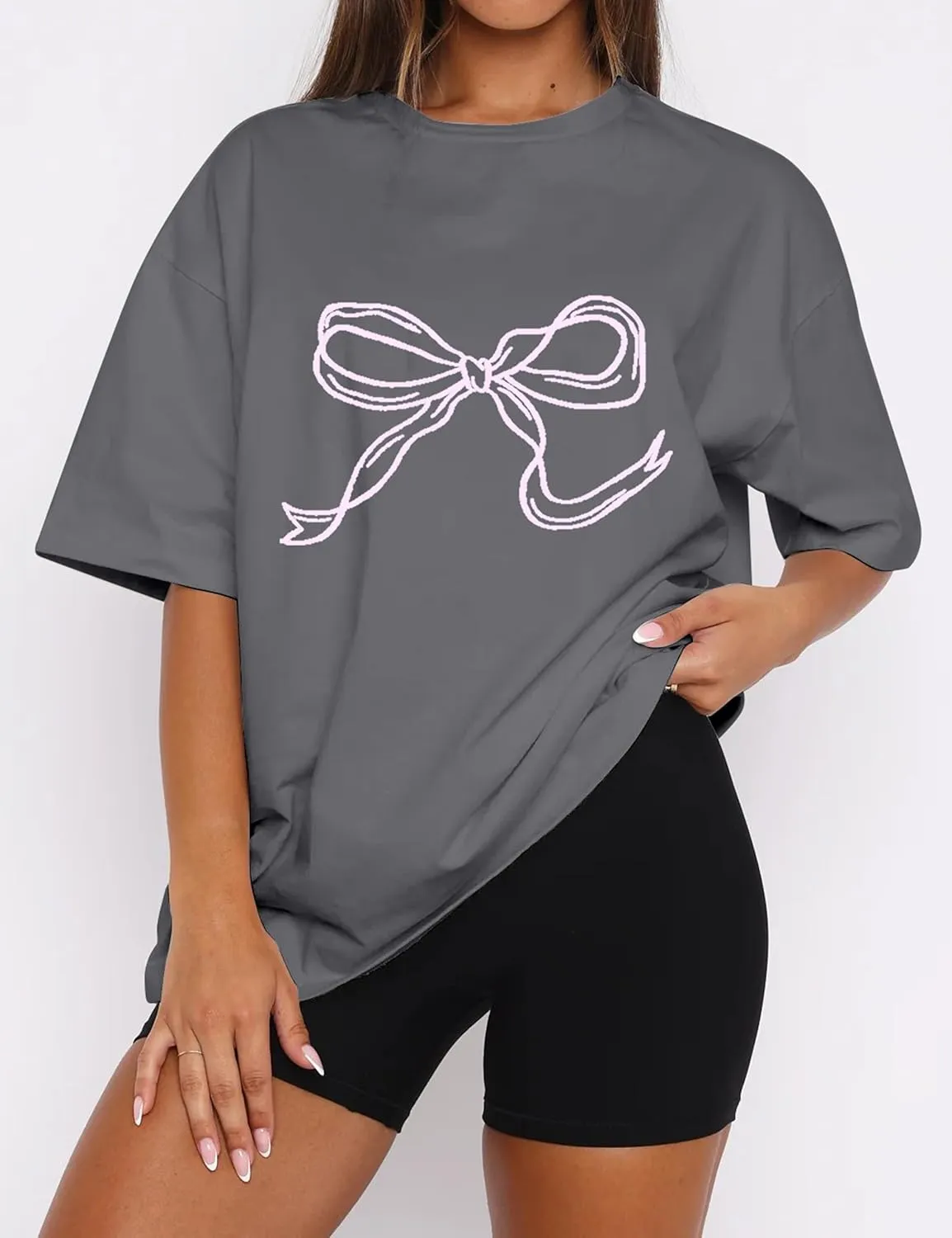 Ythomm Womens Bow Graphic Oversized T-Shirts Short Sleeve Crewneck Summer Basic Tees Going Out Tops Casual Loose Fit Blouse