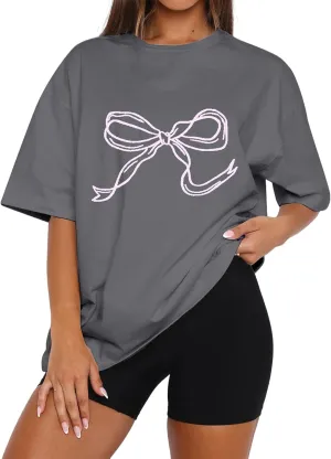 Ythomm Womens Bow Graphic Oversized T-Shirts Short Sleeve Crewneck Summer Basic Tees Going Out Tops Casual Loose Fit Blouse