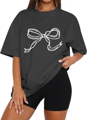Ythomm Womens Bow Graphic Oversized T-Shirts Short Sleeve Crewneck Summer Basic Tees Going Out Tops Casual Loose Fit Blouse