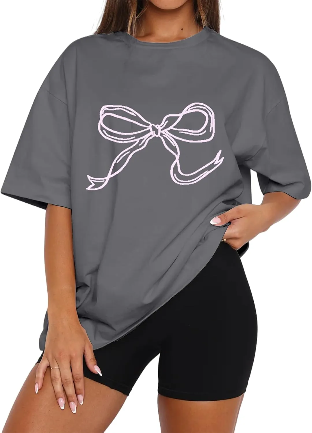 Ythomm Womens Bow Graphic Oversized T-Shirts Short Sleeve Crewneck Summer Basic Tees Going Out Tops Casual Loose Fit Blouse