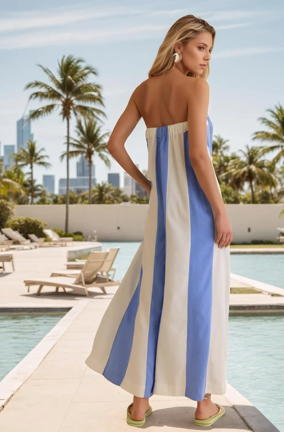 Ythomm Womens Striped Wide Leg Jumpsuits Boho Strapless Long Romper Off Shoulder Summer Jumpsuits One Piece Travel Outfits
