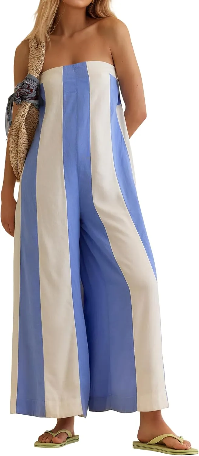 Ythomm Womens Striped Wide Leg Jumpsuits Boho Strapless Long Romper Off Shoulder Summer Jumpsuits One Piece Travel Outfits