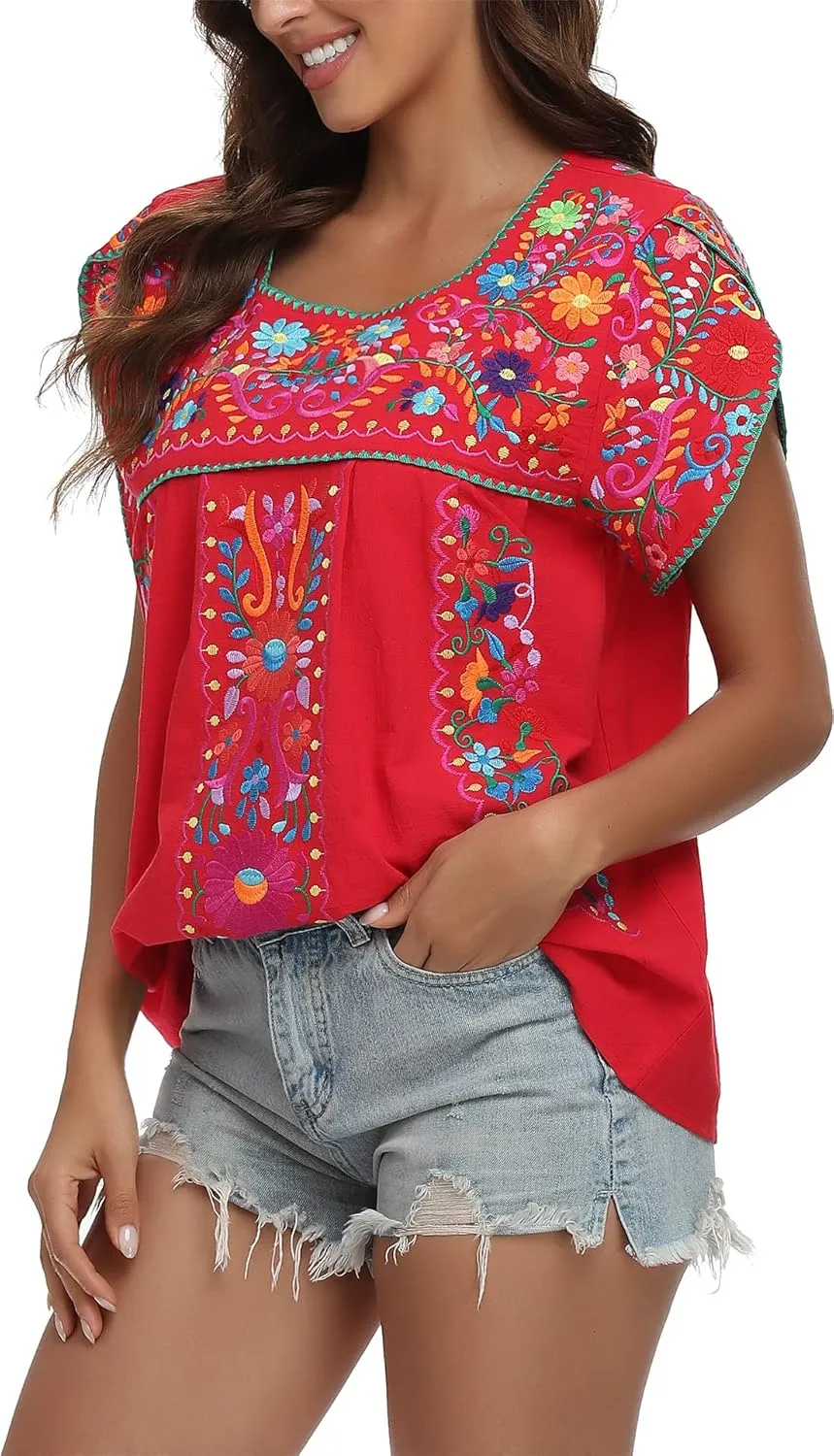YZXDORWJ Women's Summer Boho Embroidery Mexican Bohemian Tops Shirt Tunic