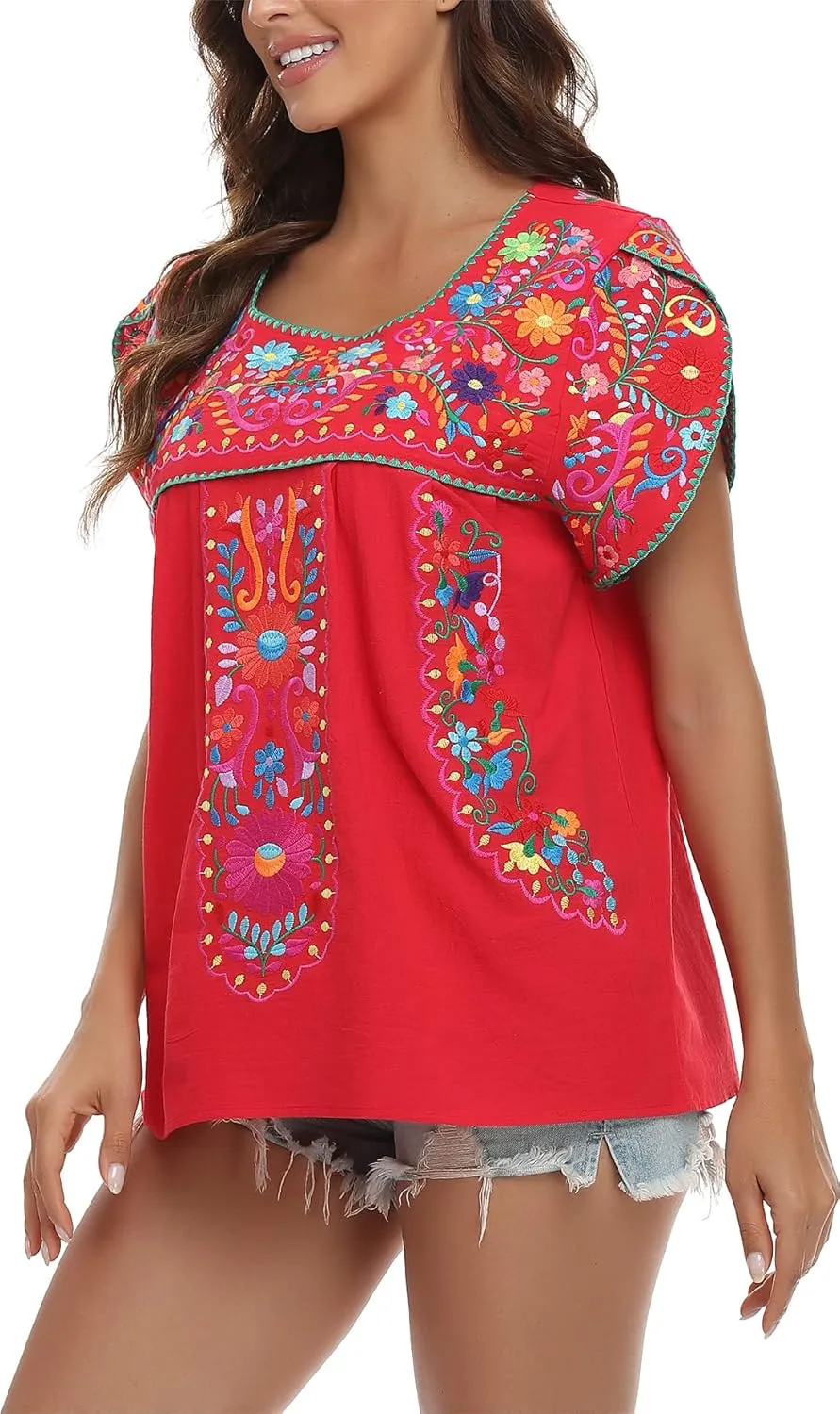 YZXDORWJ Women's Summer Boho Embroidery Mexican Bohemian Tops Shirt Tunic