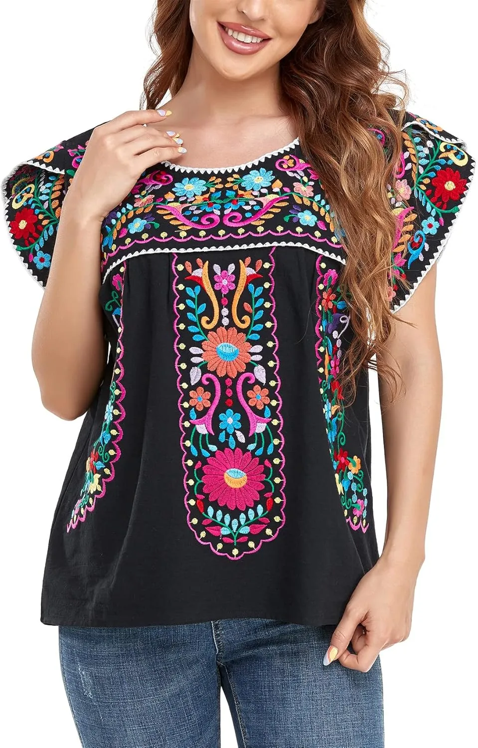 YZXDORWJ Women's Summer Boho Embroidery Mexican Bohemian Tops Shirt Tunic
