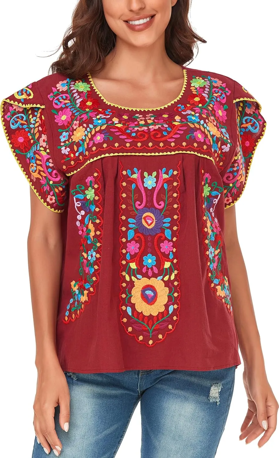 YZXDORWJ Women's Summer Boho Embroidery Mexican Bohemian Tops Shirt Tunic