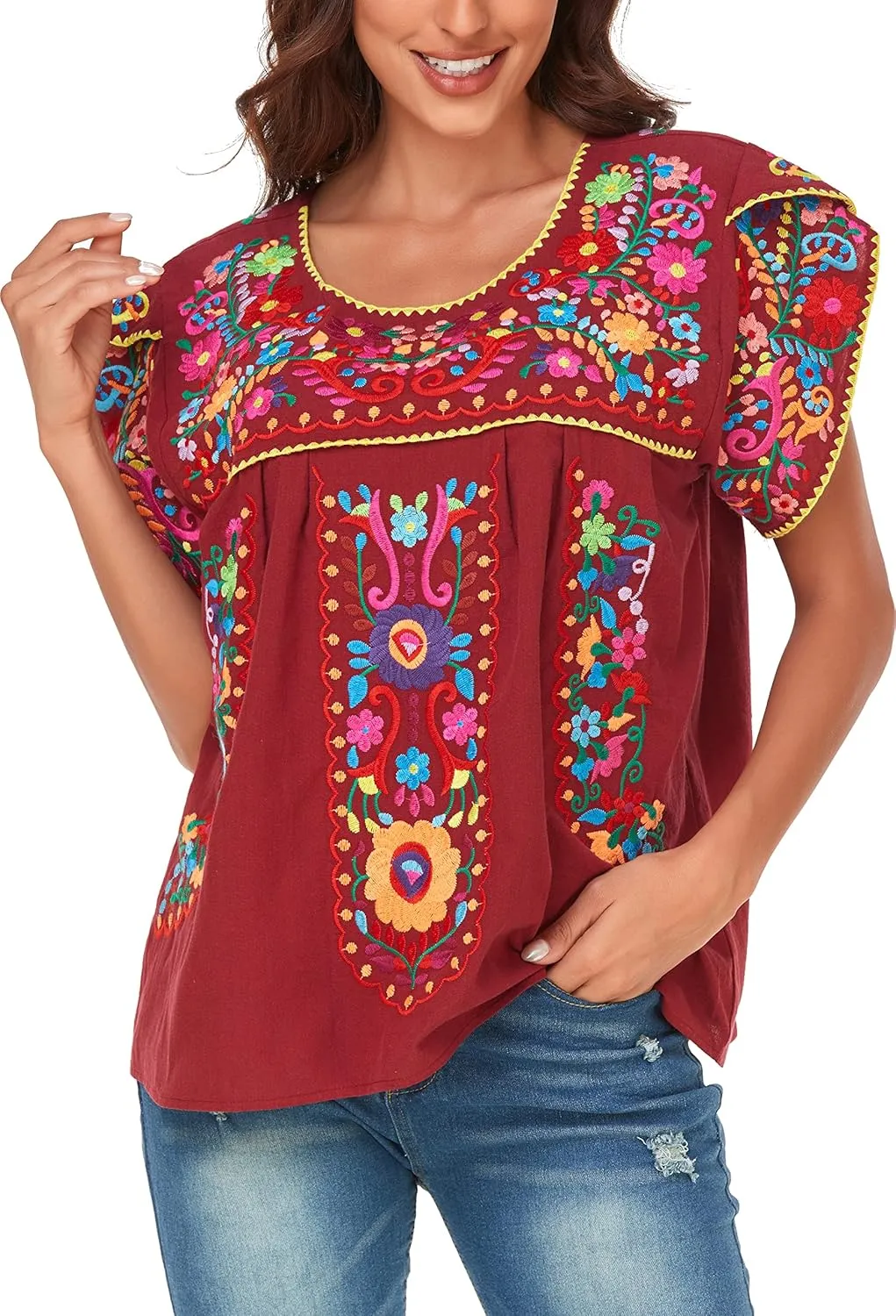 YZXDORWJ Women's Summer Boho Embroidery Mexican Bohemian Tops Shirt Tunic