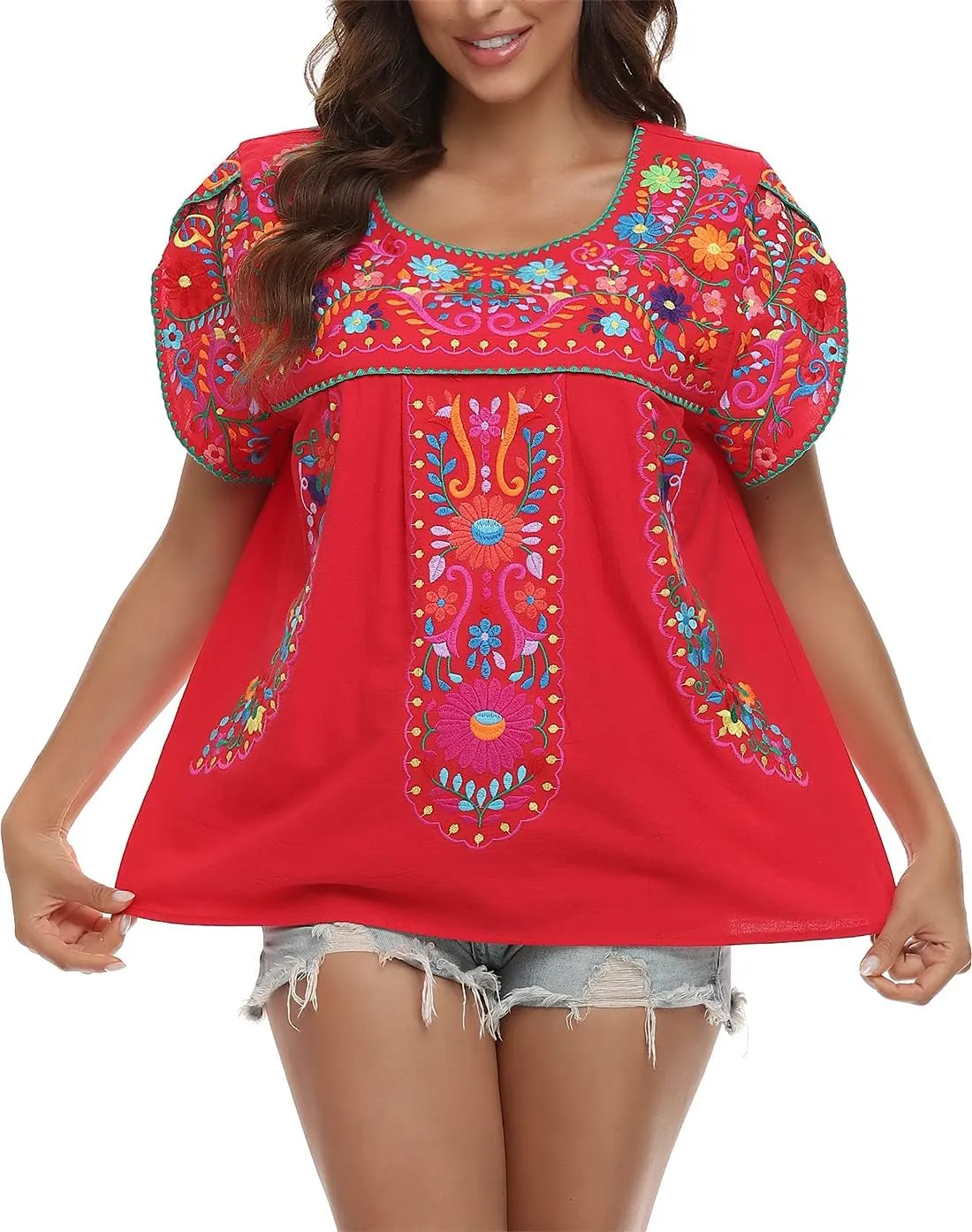 YZXDORWJ Women's Summer Boho Embroidery Mexican Bohemian Tops Shirt Tunic
