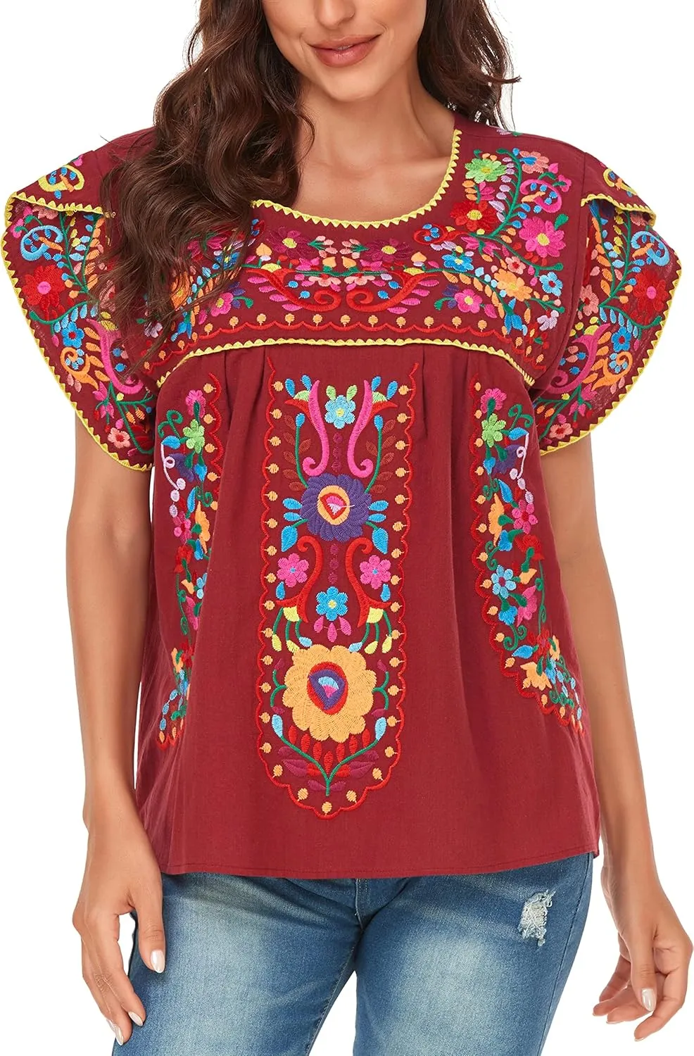 YZXDORWJ Women's Summer Boho Embroidery Mexican Bohemian Tops Shirt Tunic