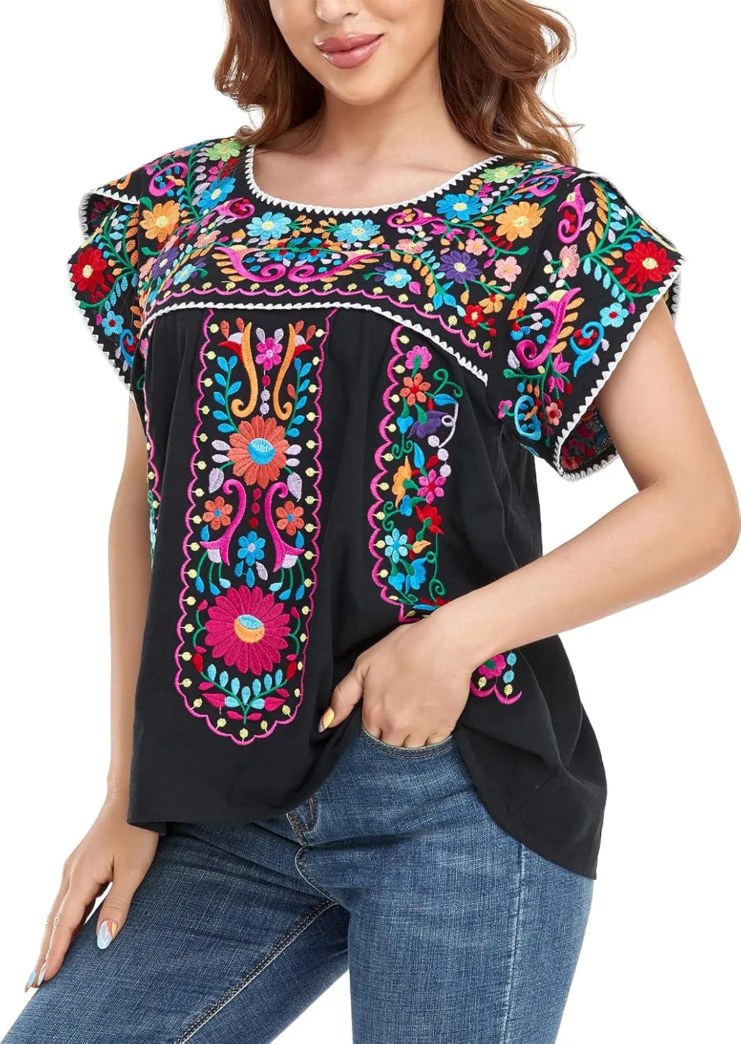 YZXDORWJ Women's Summer Boho Embroidery Mexican Bohemian Tops Shirt Tunic