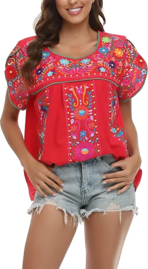 YZXDORWJ Women's Summer Boho Embroidery Mexican Bohemian Tops Shirt Tunic