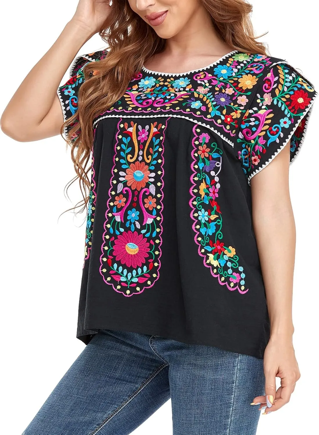 YZXDORWJ Women's Summer Boho Embroidery Mexican Bohemian Tops Shirt Tunic
