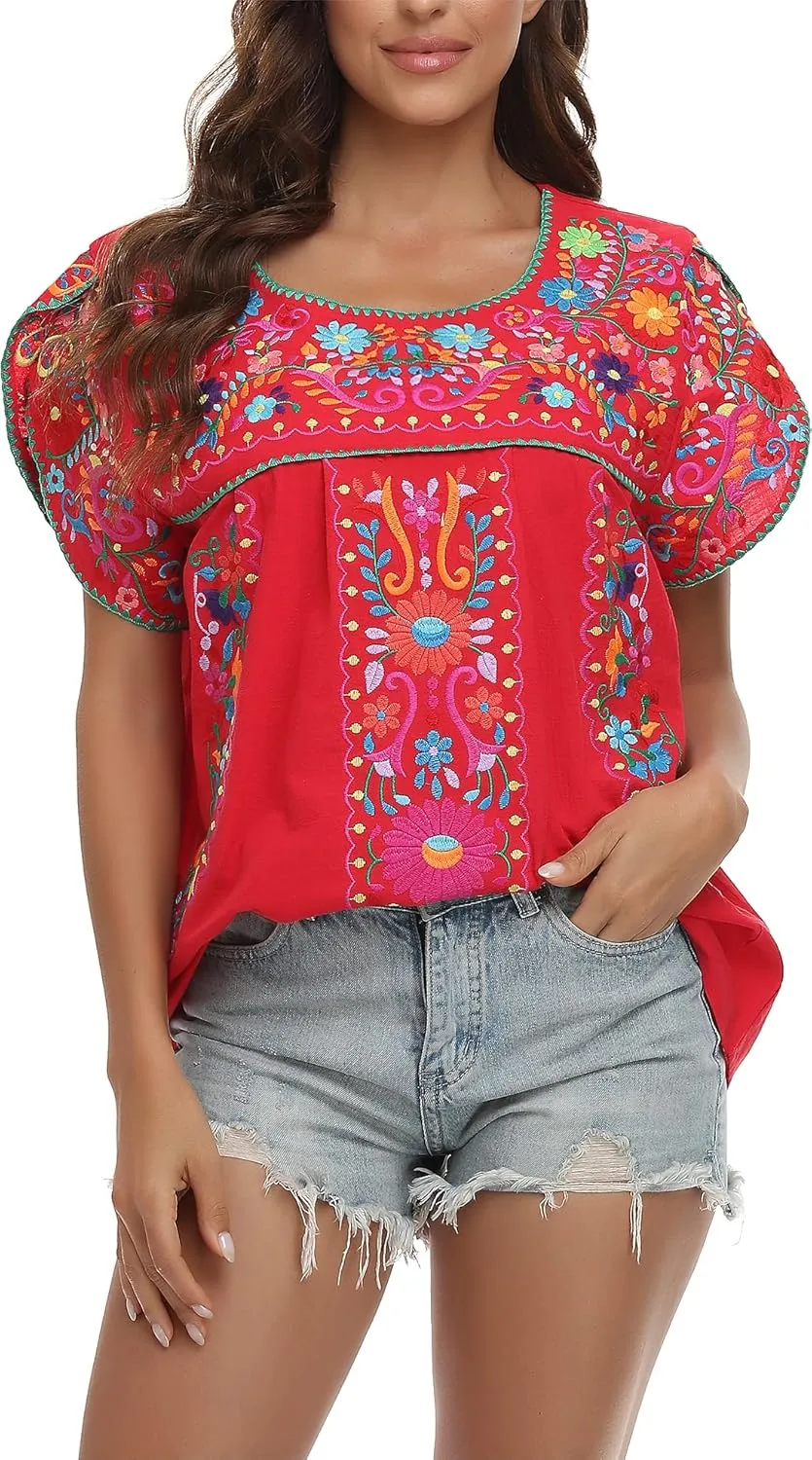 YZXDORWJ Women's Summer Boho Embroidery Mexican Bohemian Tops Shirt Tunic