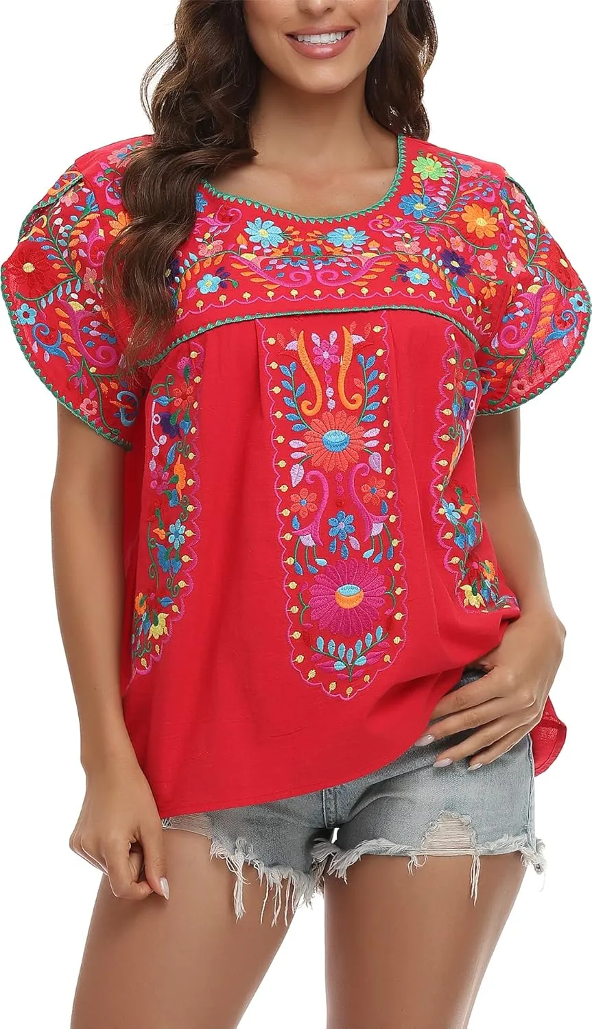 YZXDORWJ Women's Summer Boho Embroidery Mexican Bohemian Tops Shirt Tunic