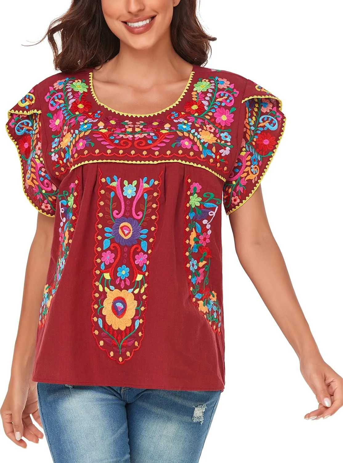 YZXDORWJ Women's Summer Boho Embroidery Mexican Bohemian Tops Shirt Tunic