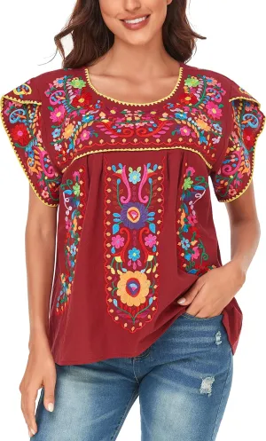 YZXDORWJ Women's Summer Boho Embroidery Mexican Bohemian Tops Shirt Tunic
