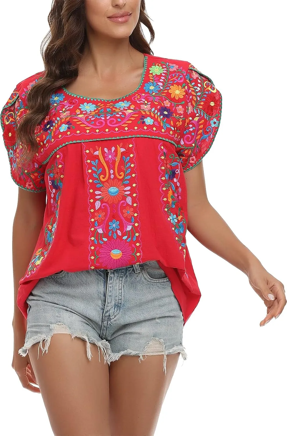 YZXDORWJ Women's Summer Boho Embroidery Mexican Bohemian Tops Shirt Tunic