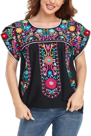YZXDORWJ Women's Summer Boho Embroidery Mexican Bohemian Tops Shirt Tunic
