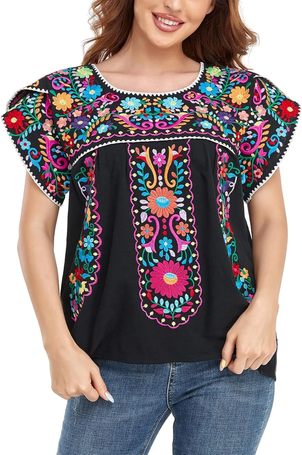 YZXDORWJ Women's Summer Boho Embroidery Mexican Bohemian Tops Shirt Tunic