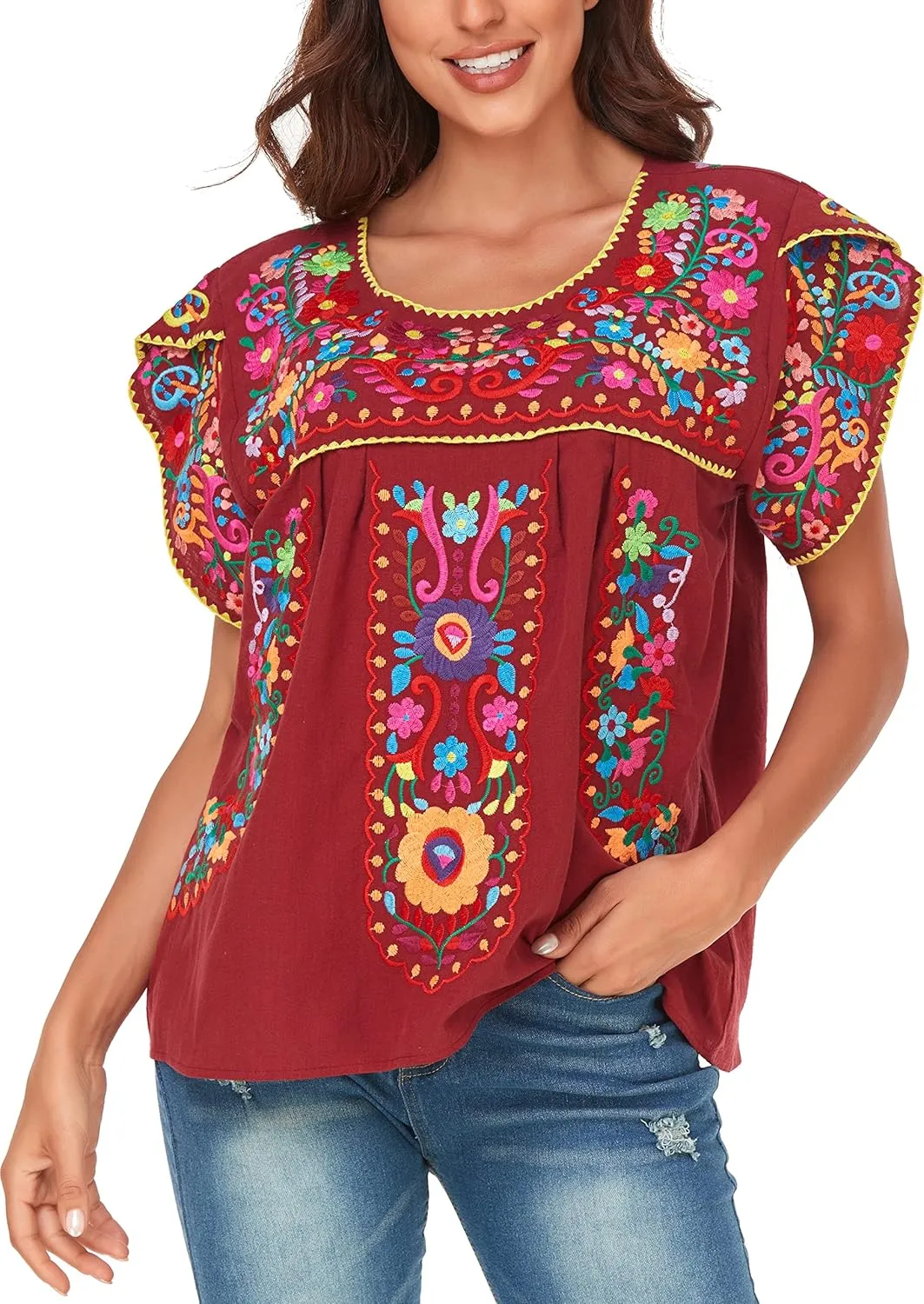 YZXDORWJ Women's Summer Boho Embroidery Mexican Bohemian Tops Shirt Tunic