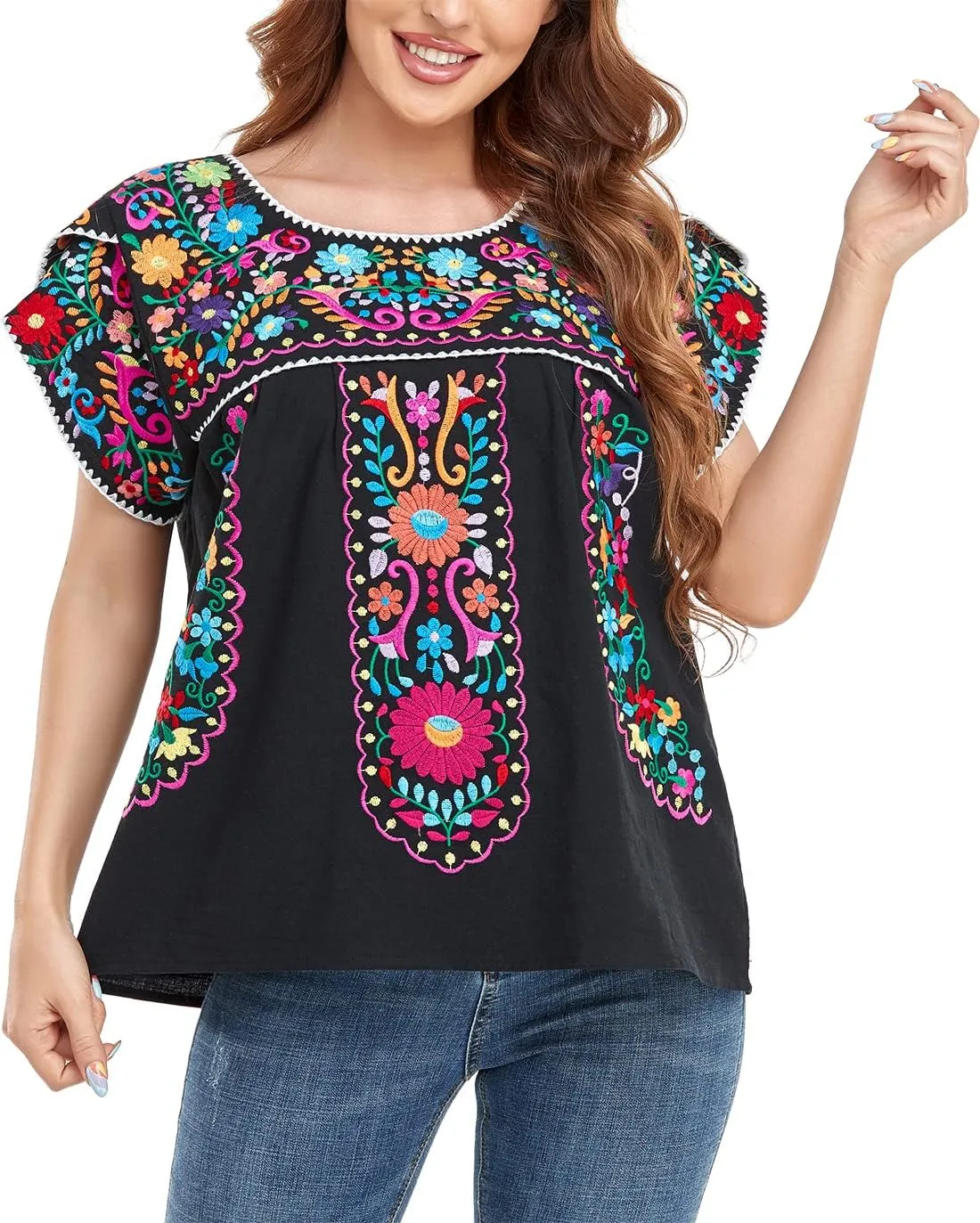 YZXDORWJ Women's Summer Boho Embroidery Mexican Bohemian Tops Shirt Tunic