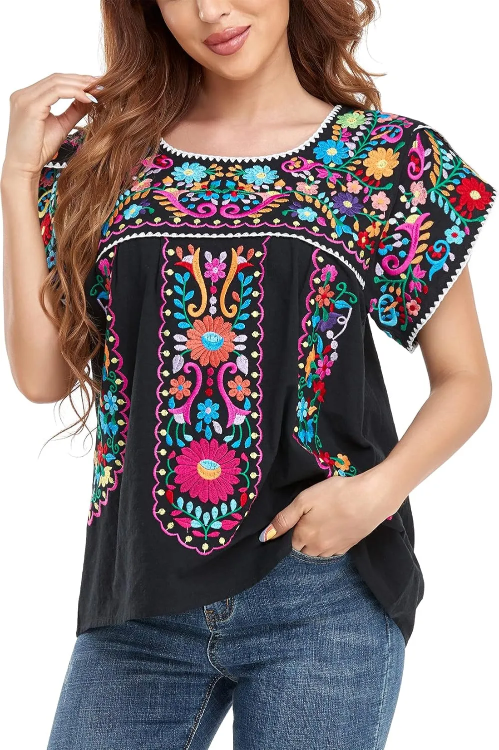 YZXDORWJ Women's Summer Boho Embroidery Mexican Bohemian Tops Shirt Tunic
