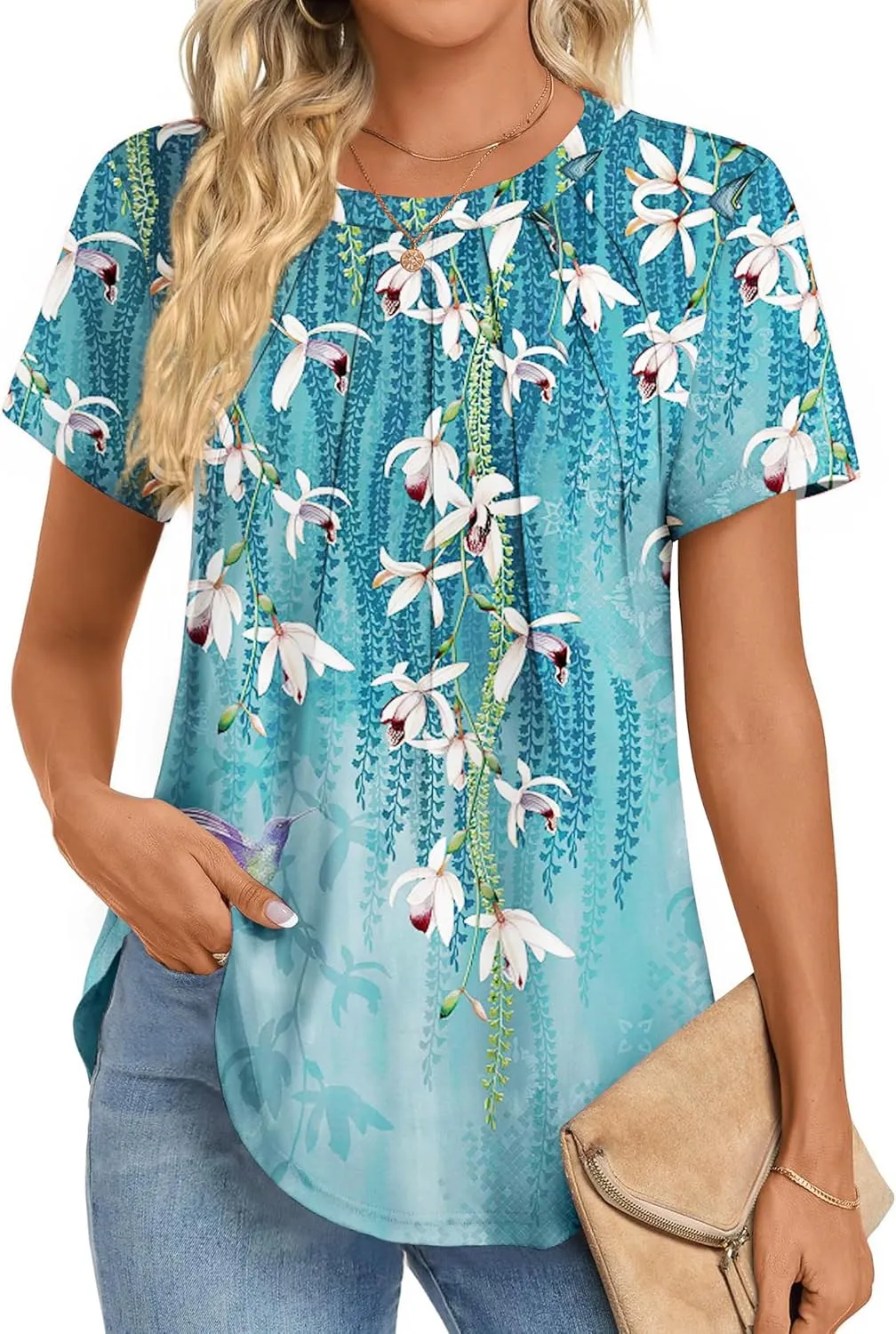 Zeagoo Womens Casual T Shirts for Summer 2025 Short Sleeve Crewneck Tunic Shirts Floral Print Tops Pleated Dressy Blouse