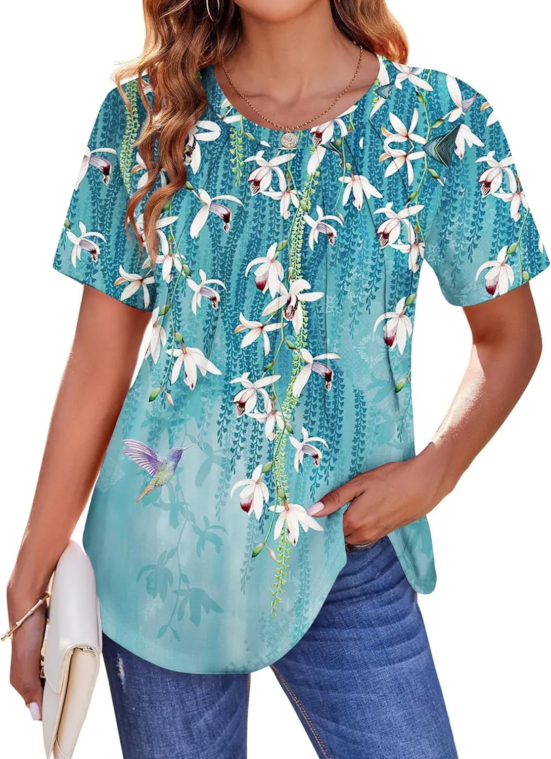Zeagoo Womens Casual T Shirts for Summer 2025 Short Sleeve Crewneck Tunic Shirts Floral Print Tops Pleated Dressy Blouse
