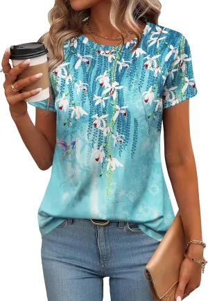 Zeagoo Womens Casual T Shirts for Summer 2025 Short Sleeve Crewneck Tunic Shirts Floral Print Tops Pleated Dressy Blouse