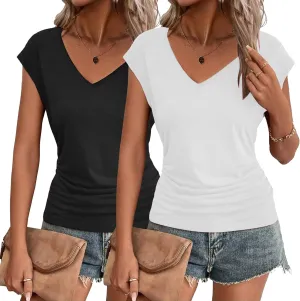 Zeagoo Womens Summer Tops Cute V Neck Cap Sleeve Tshirts Loose Fit Dressy Casual Shirts Ruched Top Tees
