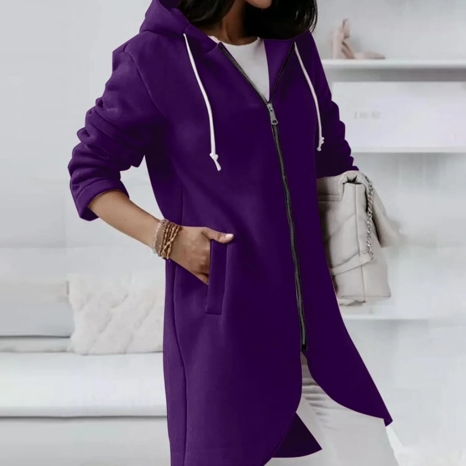 Zip Up Hoodie for Women Cute Trendy Drawstring Oversized Hooded Sweatshirts Long Sleeve Irregular Hem Jacket Coats