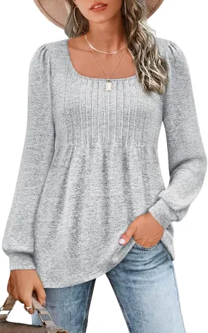 Zwurew Women's Puff Long Sleeve Shirts 2024 Trendy Scoop Neck Loose Fit Blouses Pleated Flowy Tunic Tops S-2XL