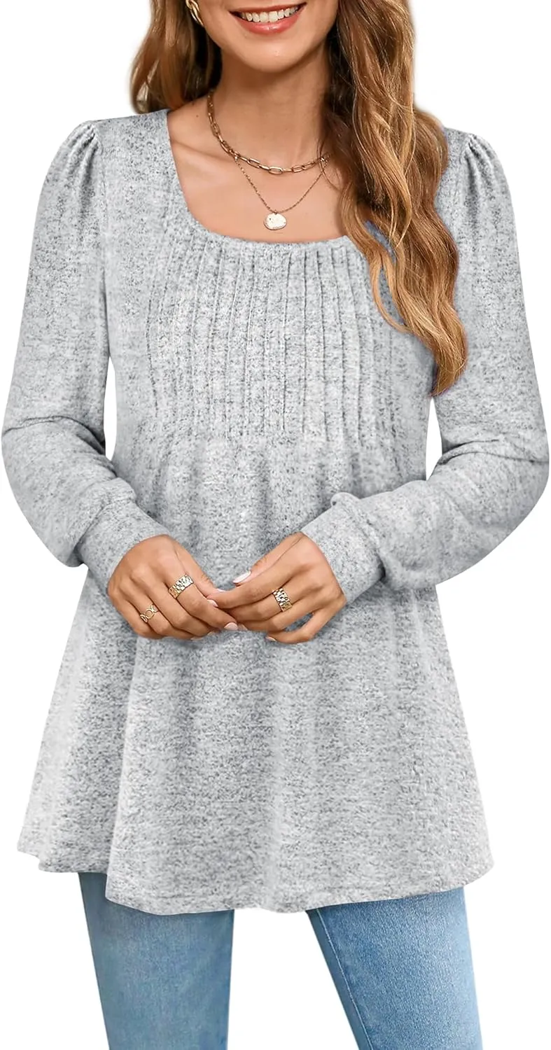 Zwurew Women's Puff Long Sleeve Shirts 2024 Trendy Scoop Neck Loose Fit Blouses Pleated Flowy Tunic Tops S-2XL